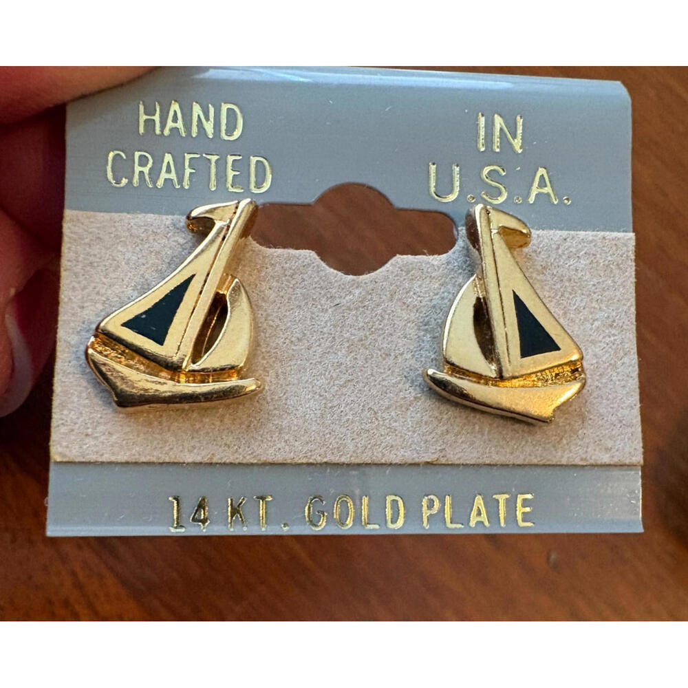 Vintage Small Sailboat Pierced Earrings Boat 14 KT Gold Plated 3/4" Nautical